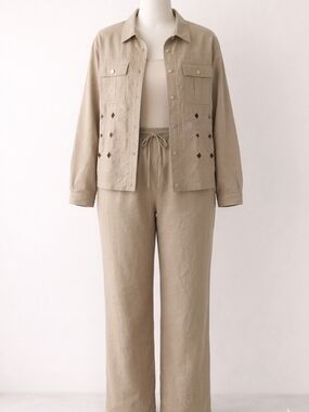 ​Murelis Tan Linen Elastic Waist Pants And Jacket Set XL